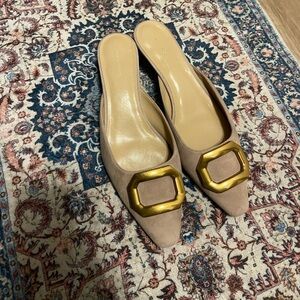 Ann Taylor suede buckle mule pumps